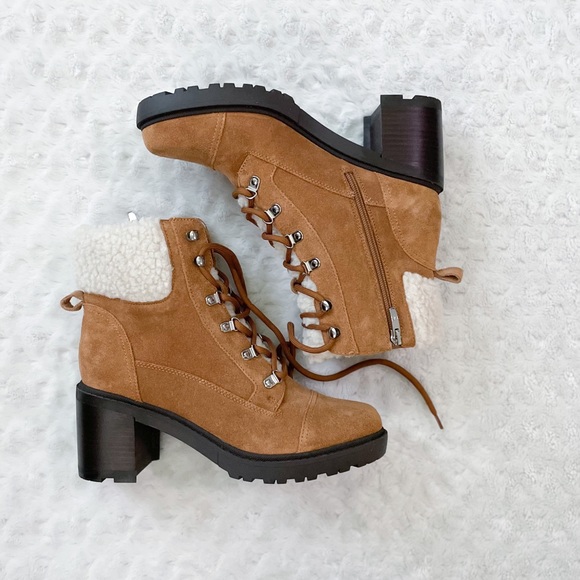 NEW- MARC FISHER Lakynn Hiker Suede Healed Tan Boots - Picture 2 of 14